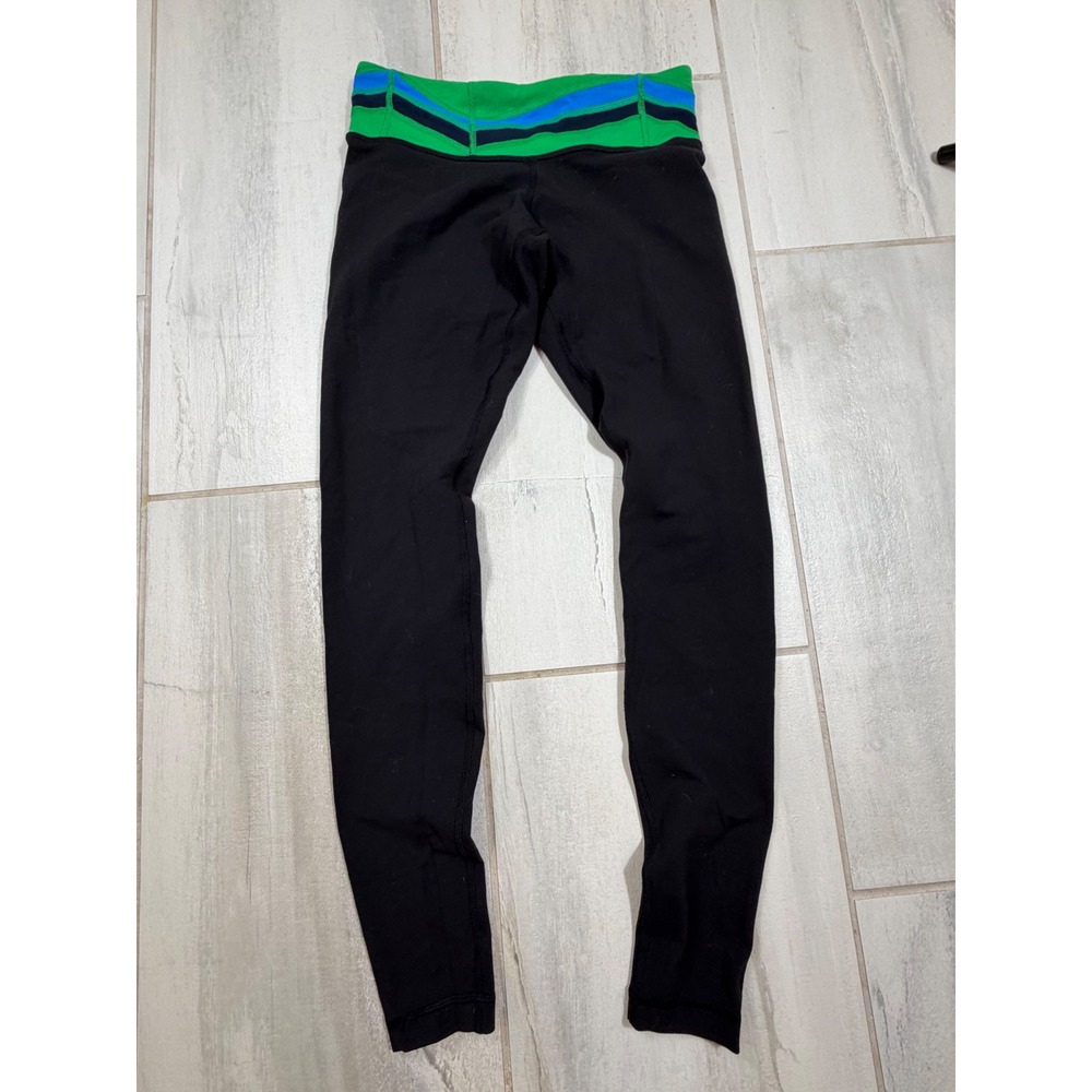 Lululemon Black Leggings Green Blue Striped Waistband Yoga Pants Tights